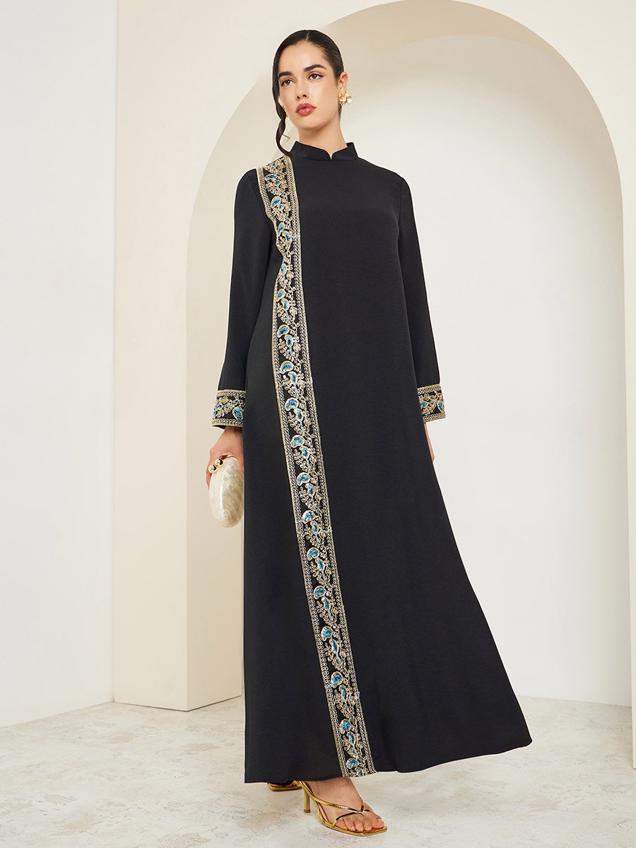 Women Black Collared Lace Insert Jalabiya