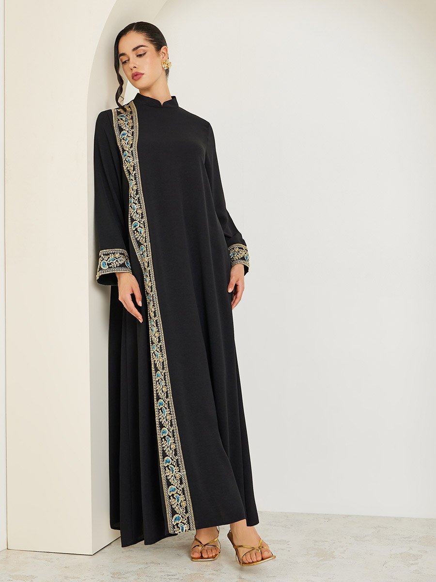 Women Black Collared Lace Insert Jalabiya