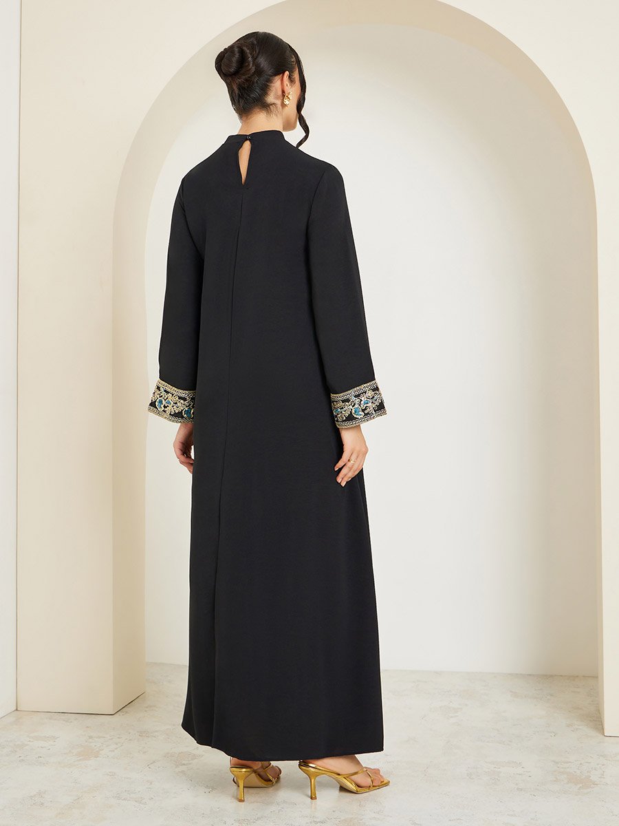 Women Black Collared Lace Insert Jalabiya