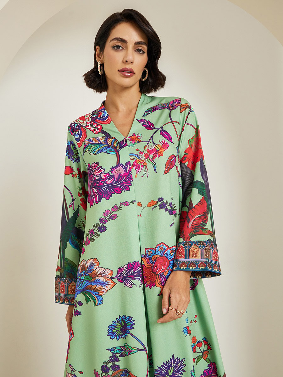 Women Green Floral Print A-Line Jalabiya