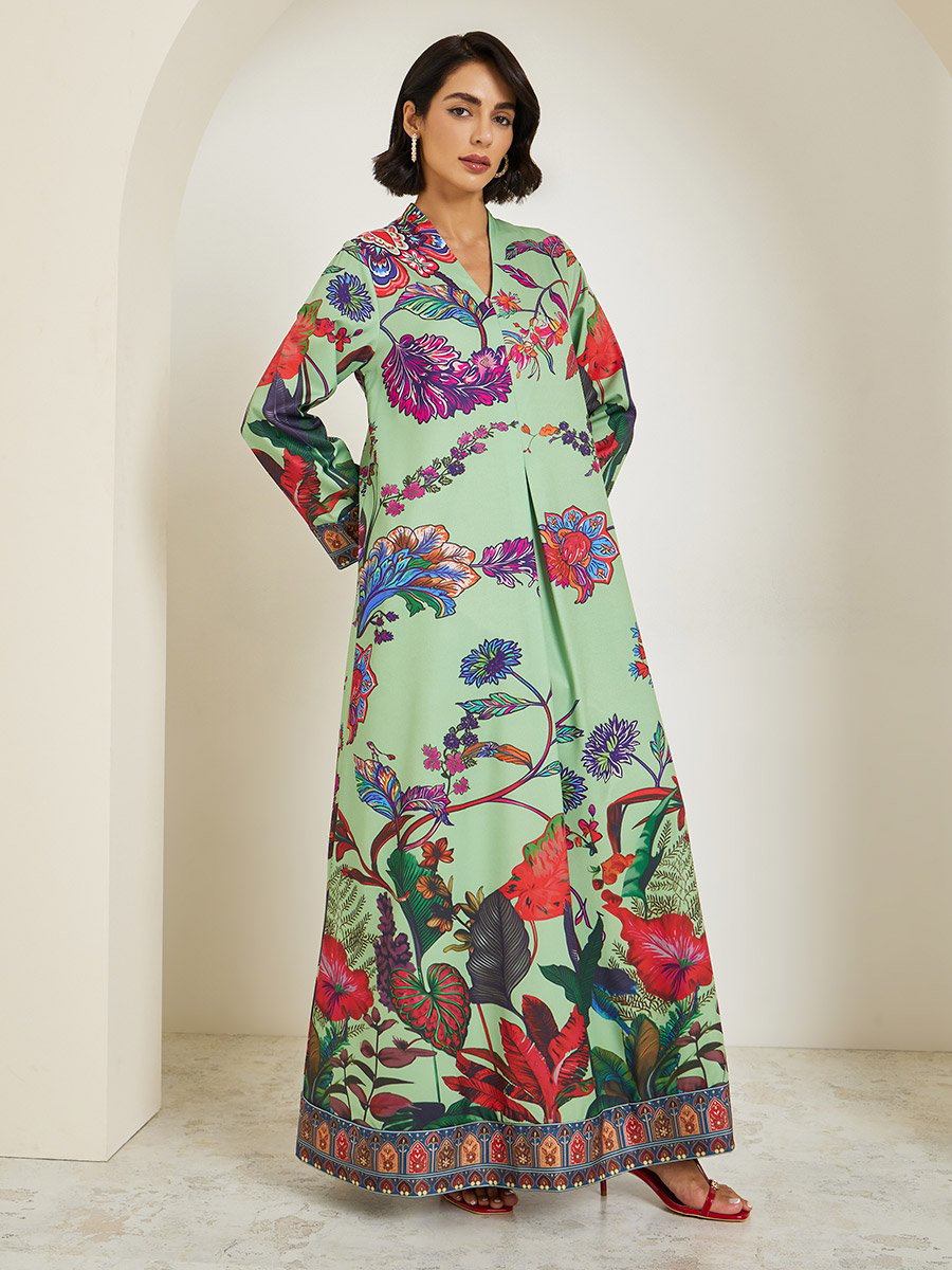 Women Green Floral Print A-Line Jalabiya