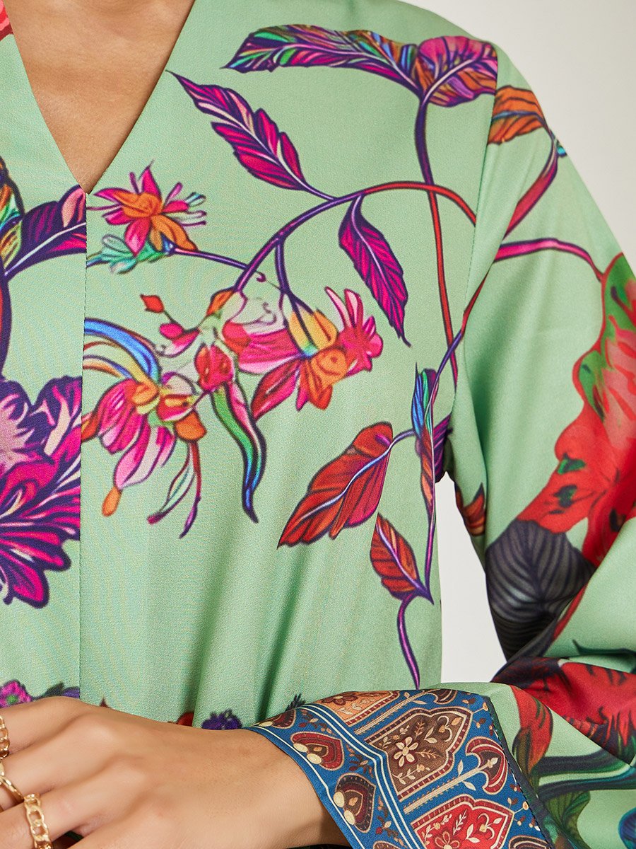 Women Green Floral Print A-Line Jalabiya