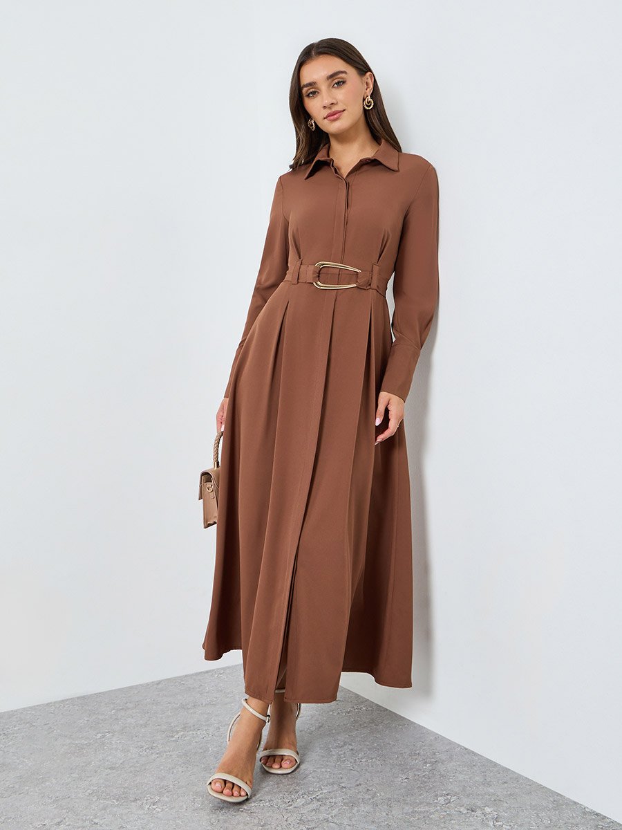 brown a line midi dress Brown Long Sleeve A-Line Penni Midi Dress
