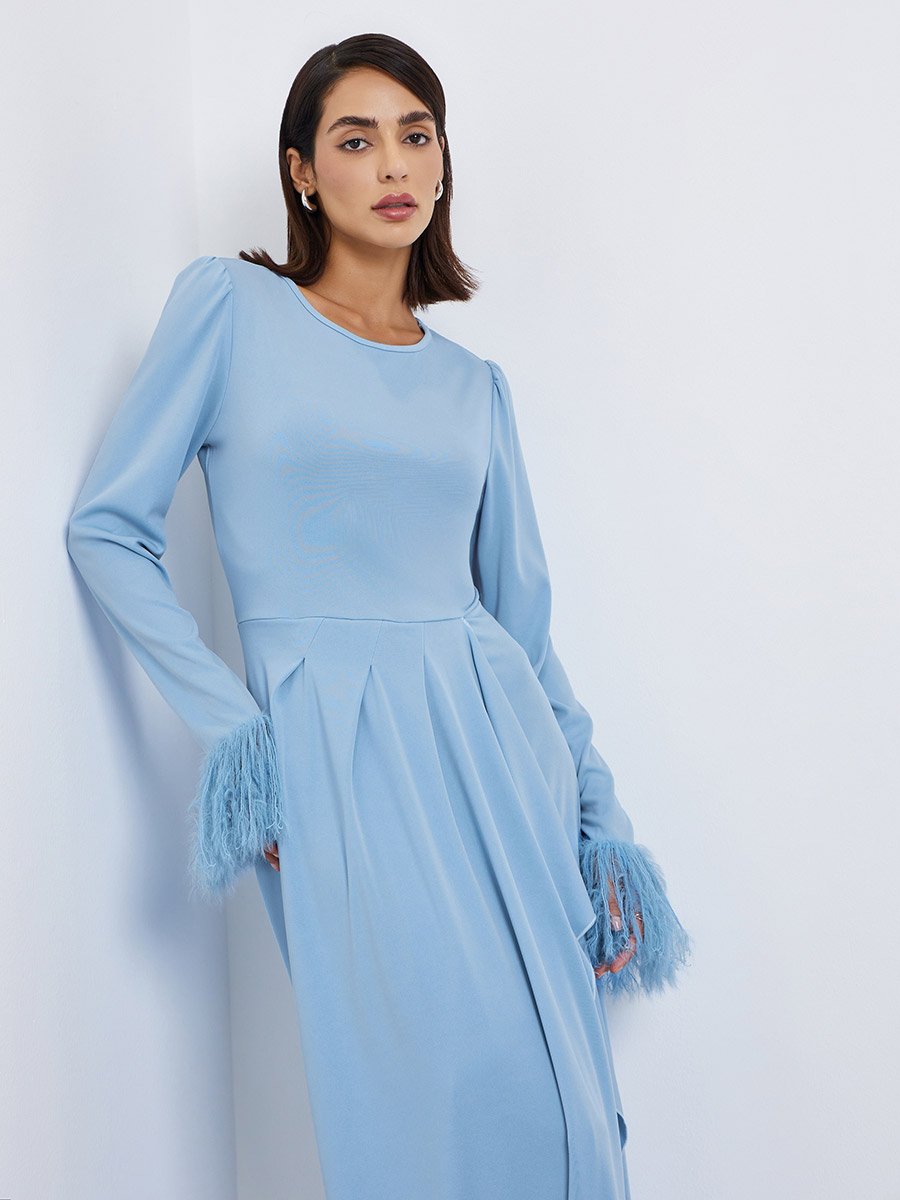 Women Faux Feather Cuff Maxi Dress