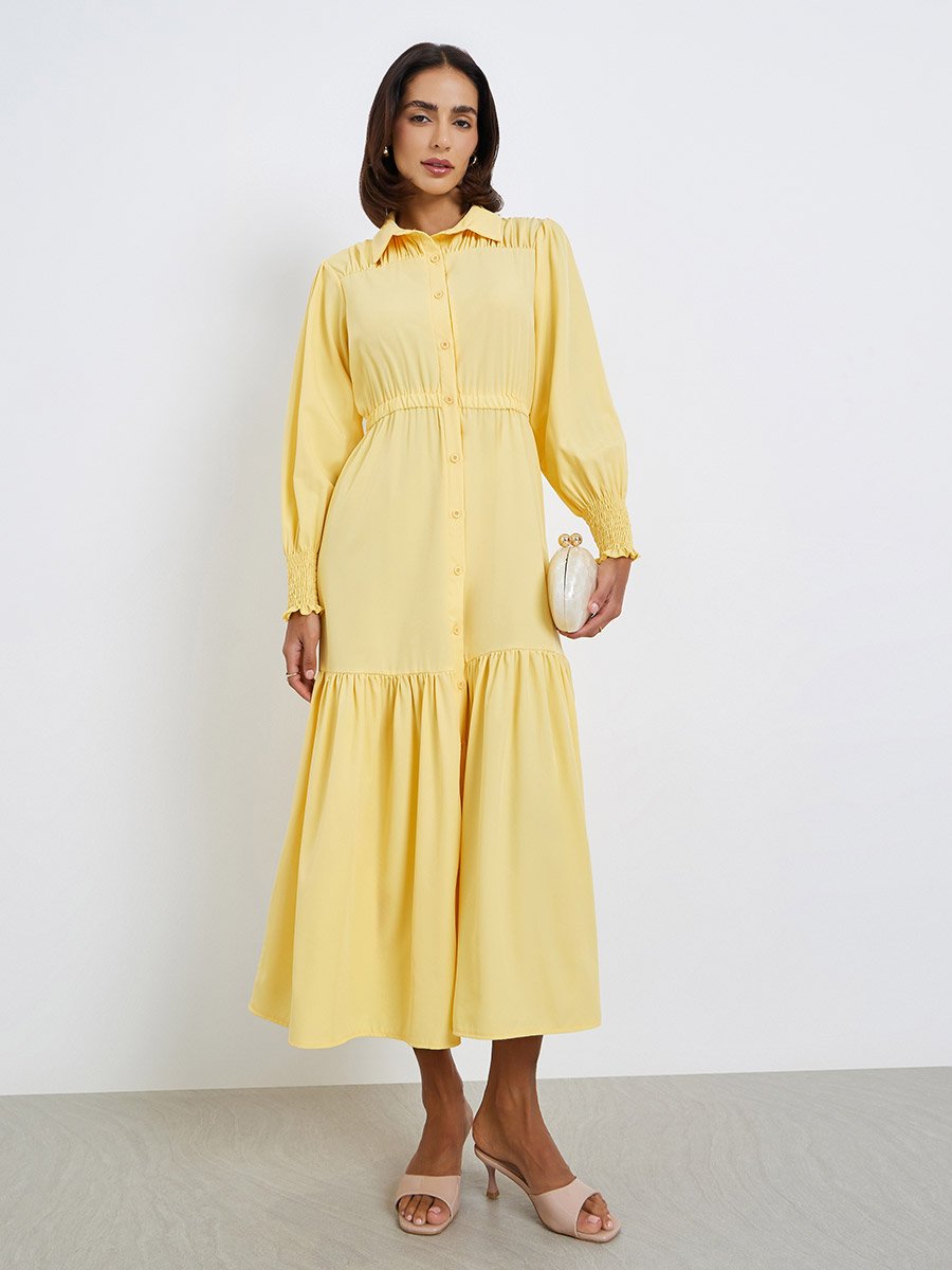 Women Solid Casual Gathered Shirt Midi Dress