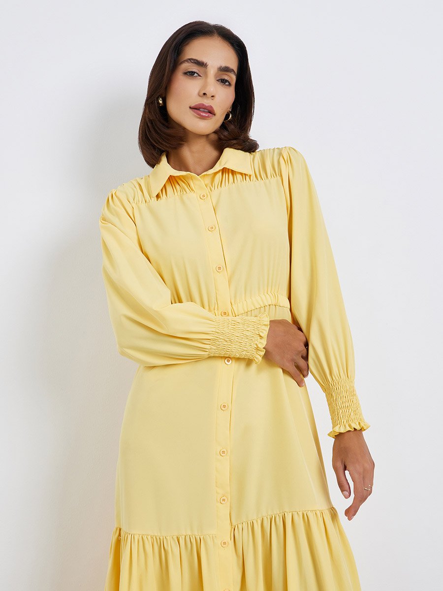 Women Solid Casual Gathered Shirt Midi Dress