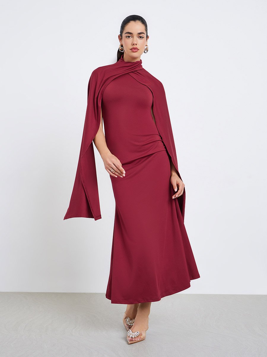 Women Cape Sleeve Midi Party Dress