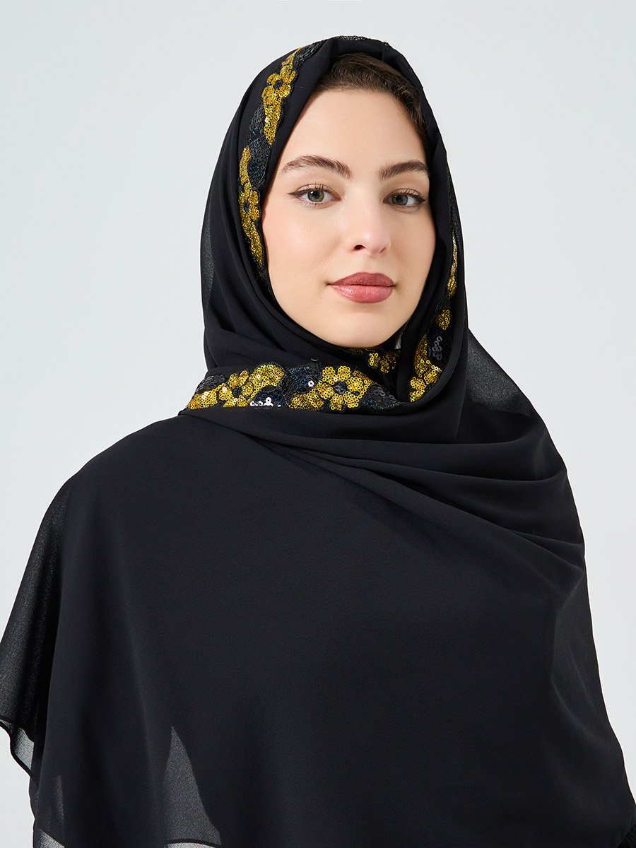 Embroidered Black Chiffon Hijab