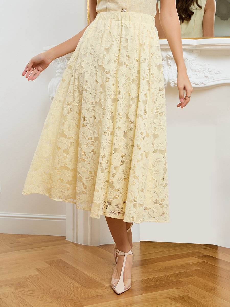 Women Yellow Lace Flared Midi Skirt