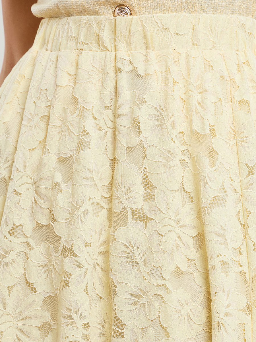 Women Yellow Lace Flared Midi Skirt
