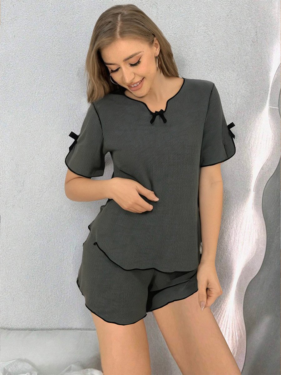 Waffle Knit Bow Detail Top and Shorts Set