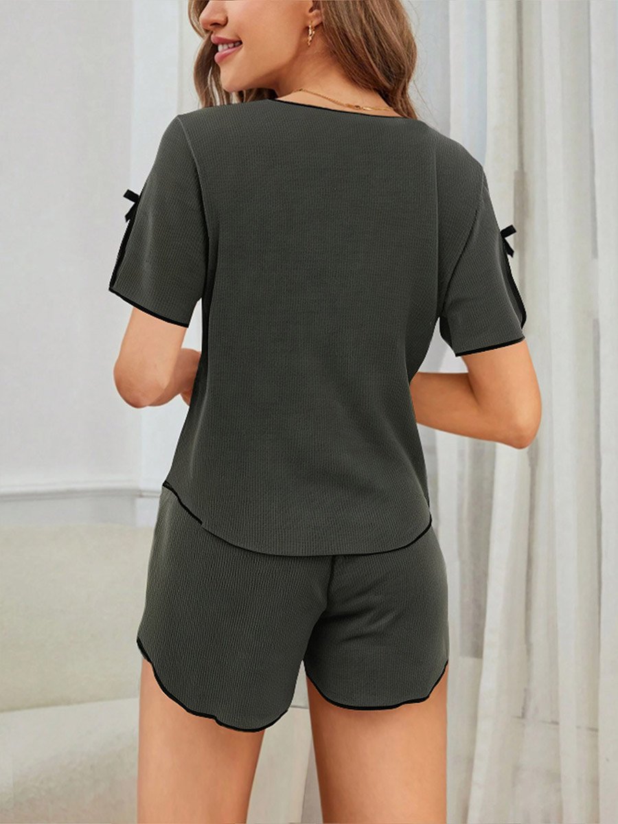 Waffle Knit Bow Detail Top and Shorts Set