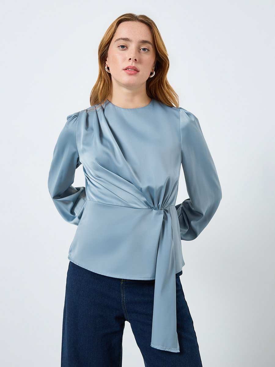 Women Solid Round Neck Ruched Top