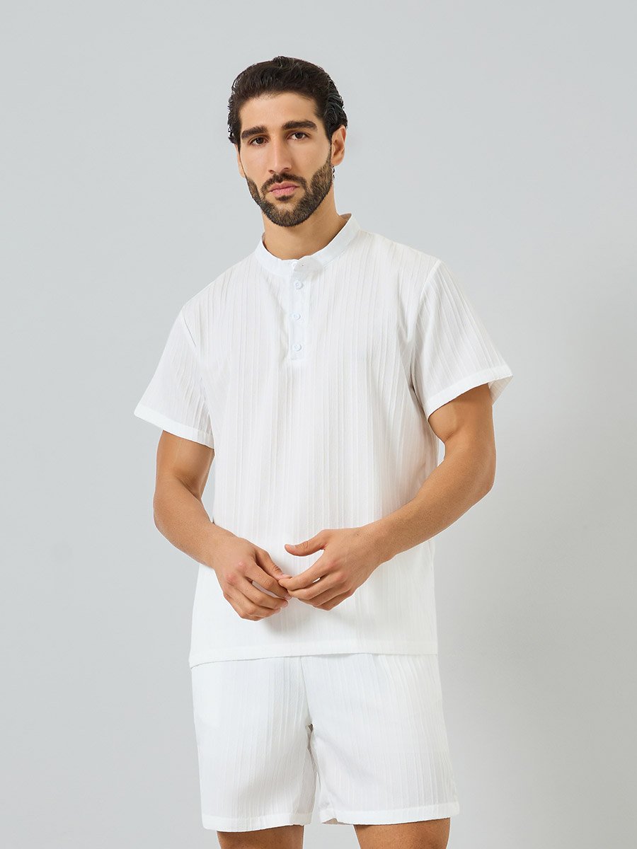 Men White Textured T-Shirt and Shorts Co-Ords