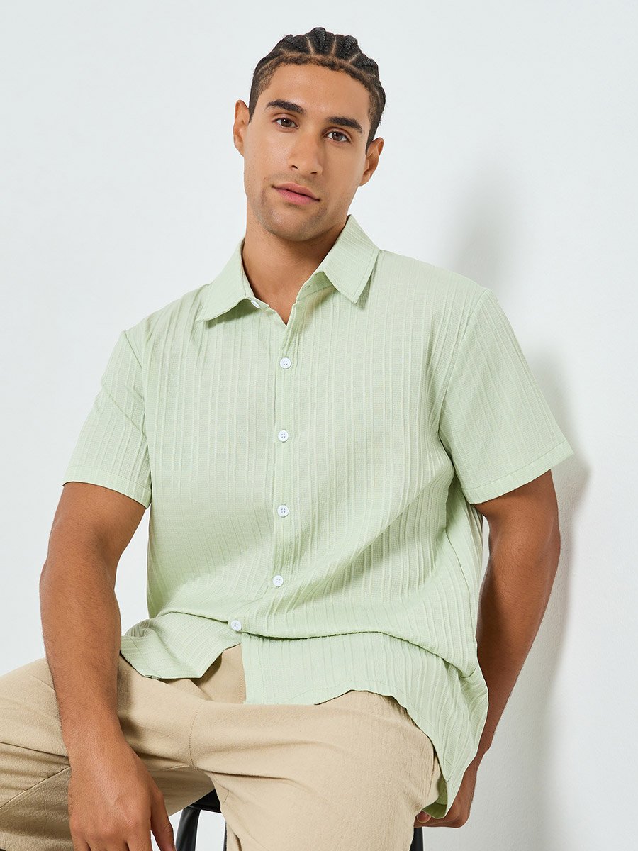 Men Green Textured Short Sleeve Shirt