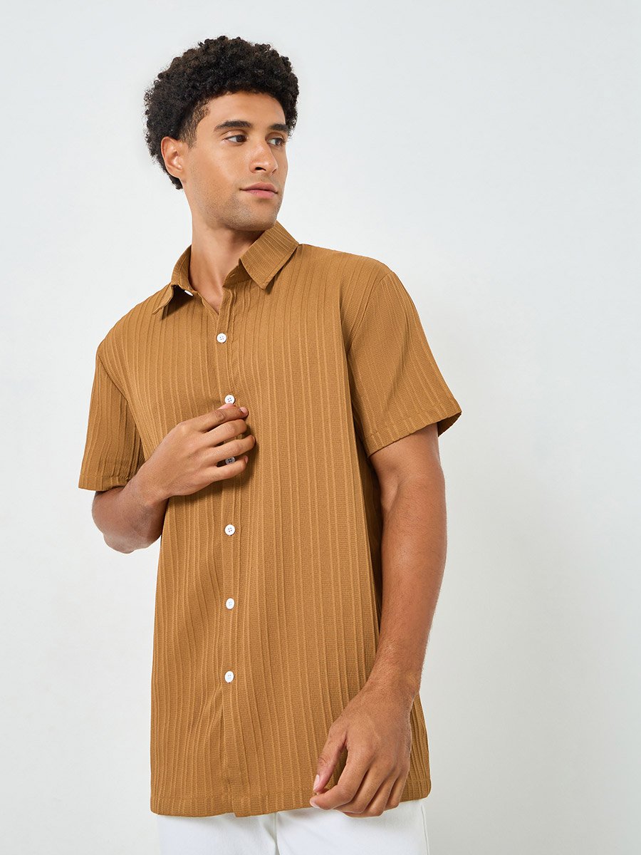 Men Coffee Brown Textured Short Sleeve Shirt