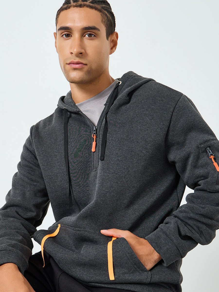 Men Grey Half-Zip Hoodie with Kangaroo Pocket