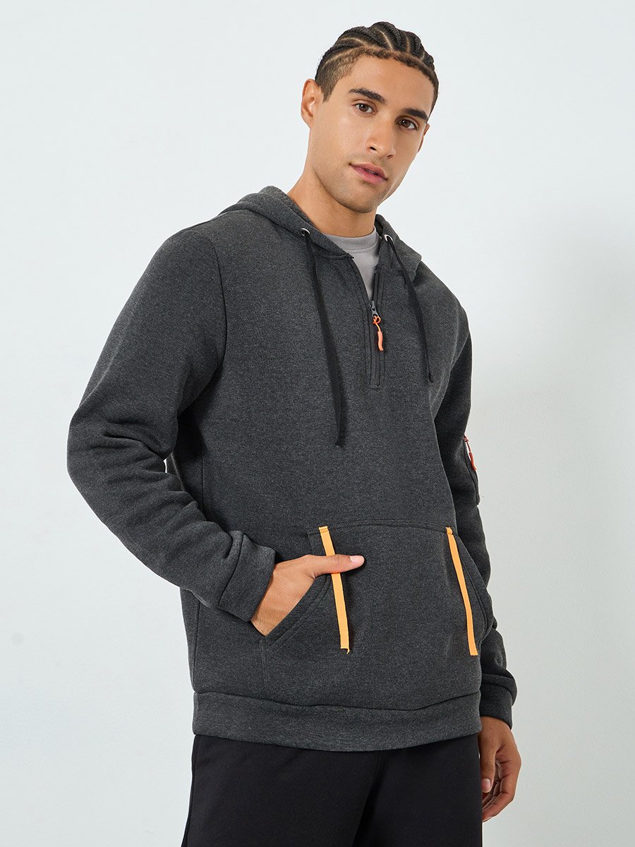 Men Grey Half-Zip Hoodie with Kangaroo Pocket