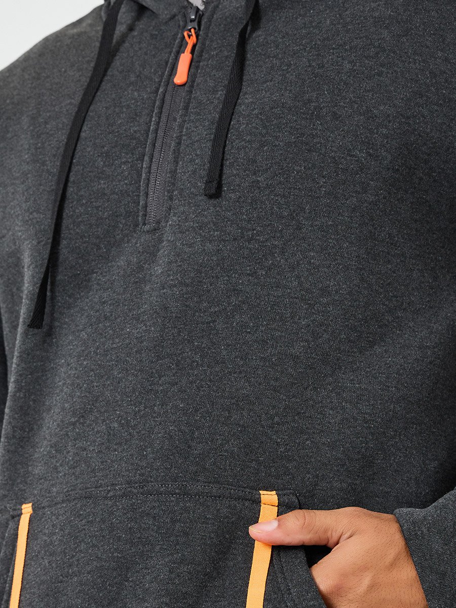 Men Grey Half-Zip Hoodie with Kangaroo Pocket