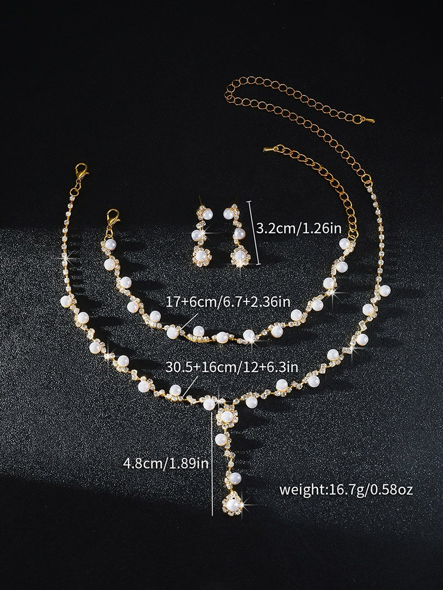 Gold Pearl Necklace with Bracelet and Earrings Set