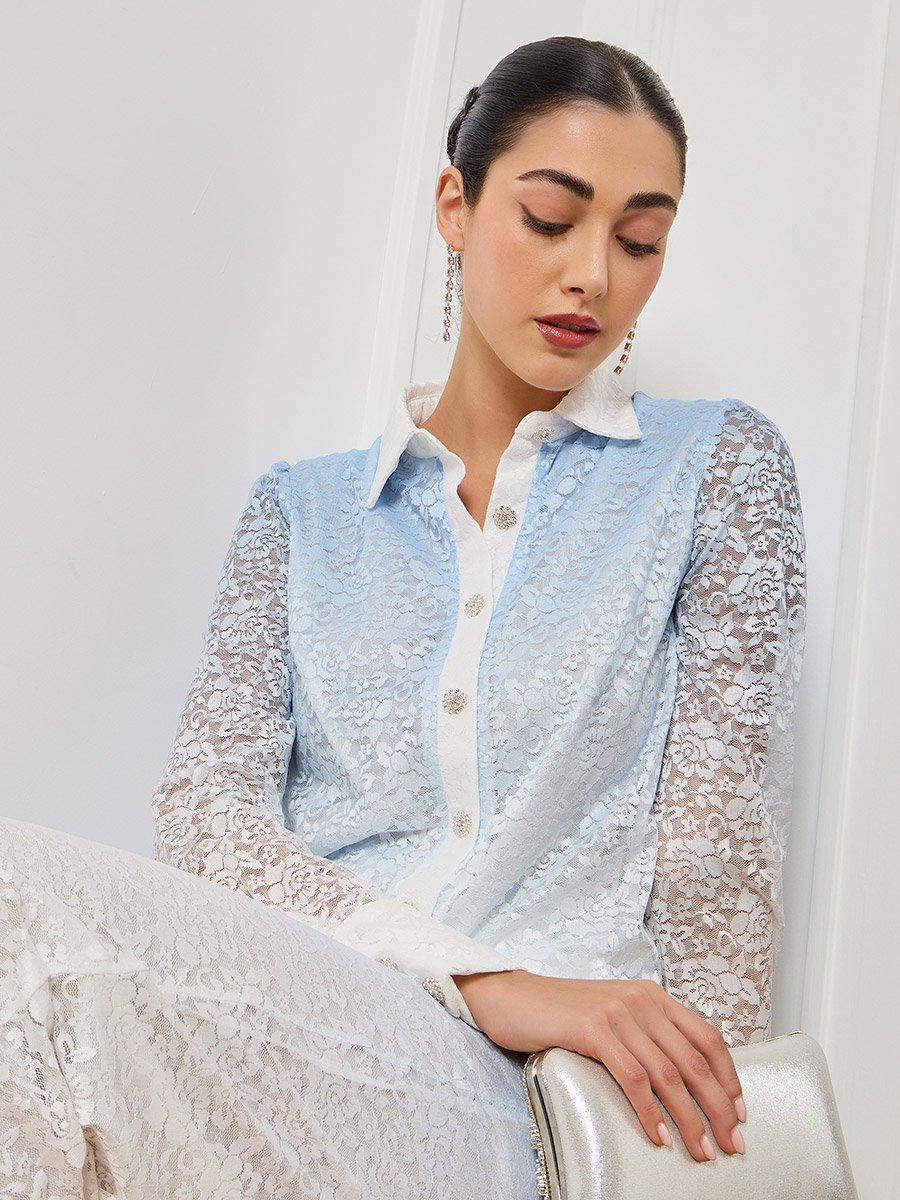 Women Blue Ombre Print Lace Shirt