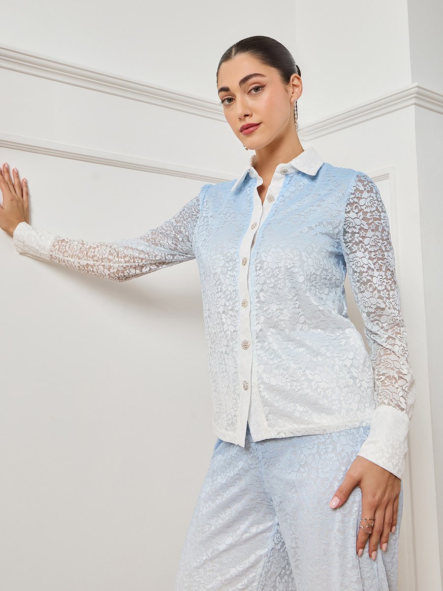 Women Blue Ombre Print Lace Shirt