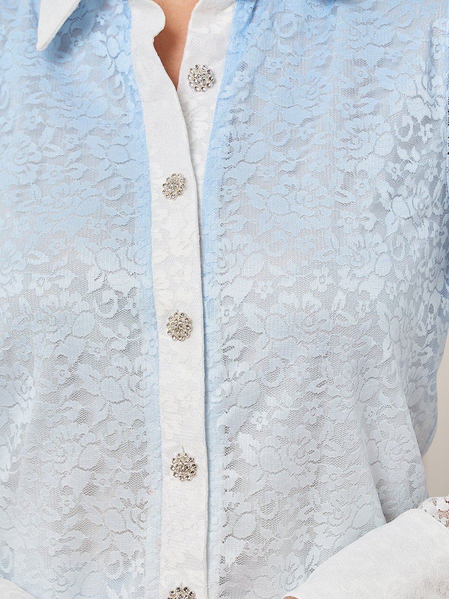 Women Blue Ombre Print Lace Shirt