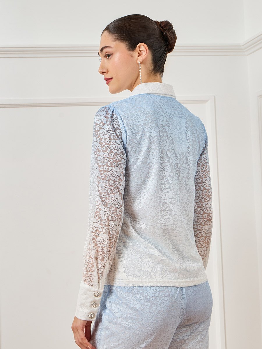 Women Blue Ombre Print Lace Shirt