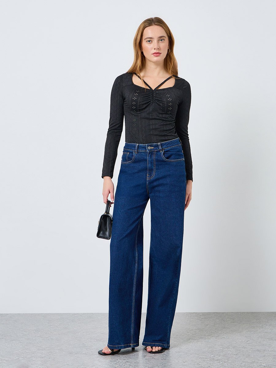Women Solid Square Neck Hollow Lace Top