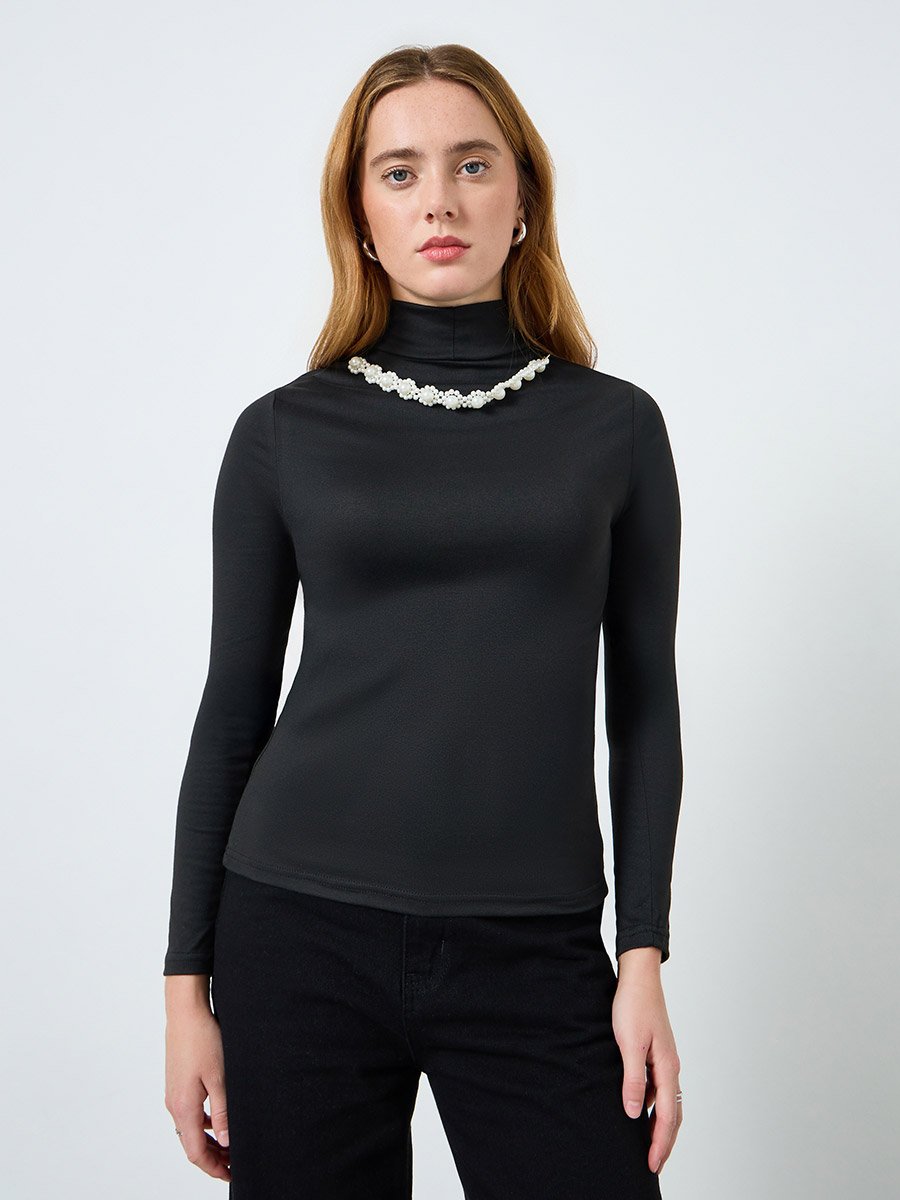 Women Solid High Neck Embellished Top