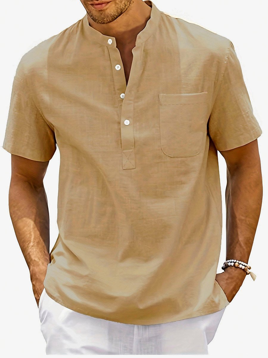 Men Casual Stand Collar Linen Look Shirt