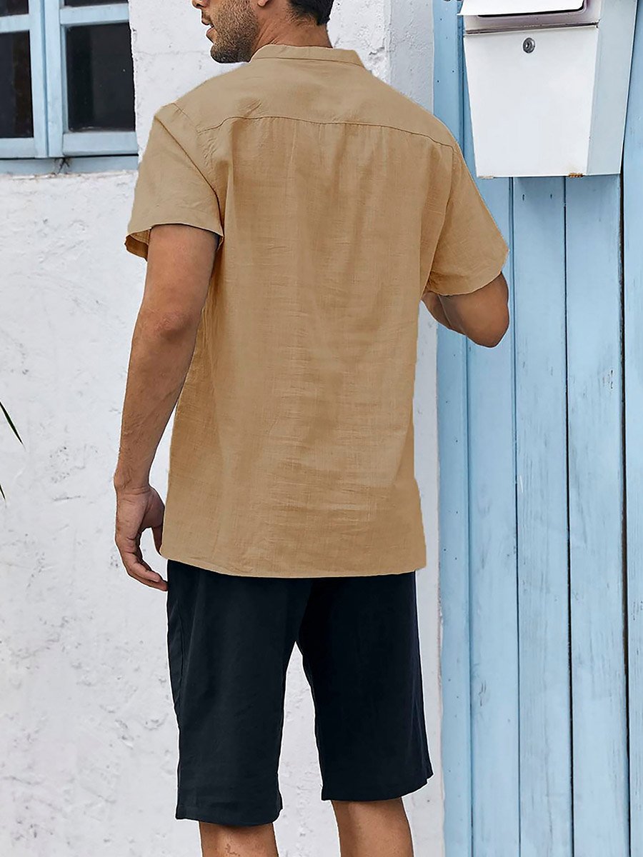 Men Casual Stand Collar Linen Look Shirt