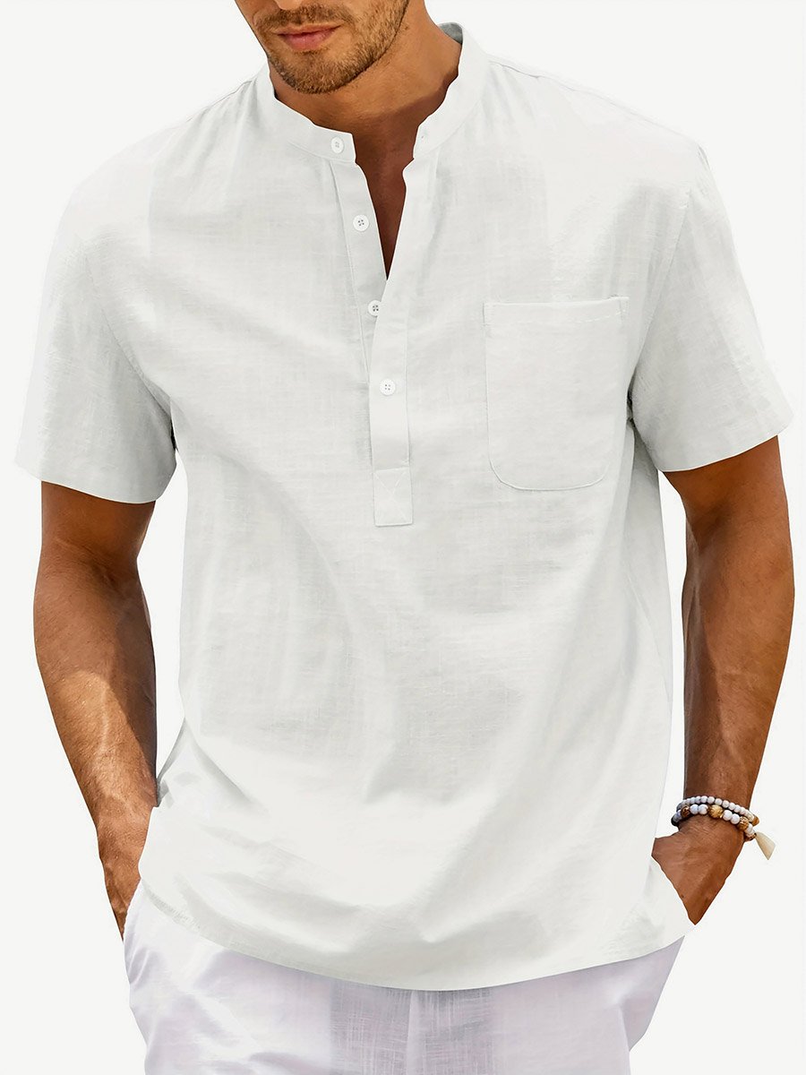 Men Casual Stand Collar Linen Look Shirt