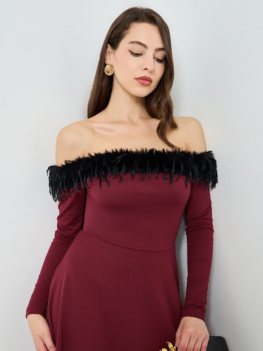 Women Off-Shoulder Maxi Evening Dress with Faux Fur