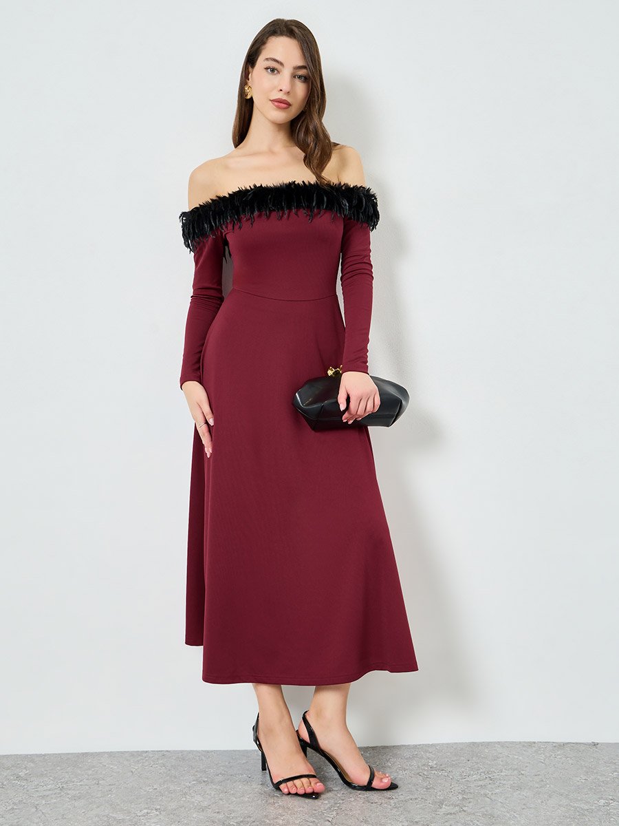 Women Off-Shoulder Maxi Evening Dress with Faux Fur