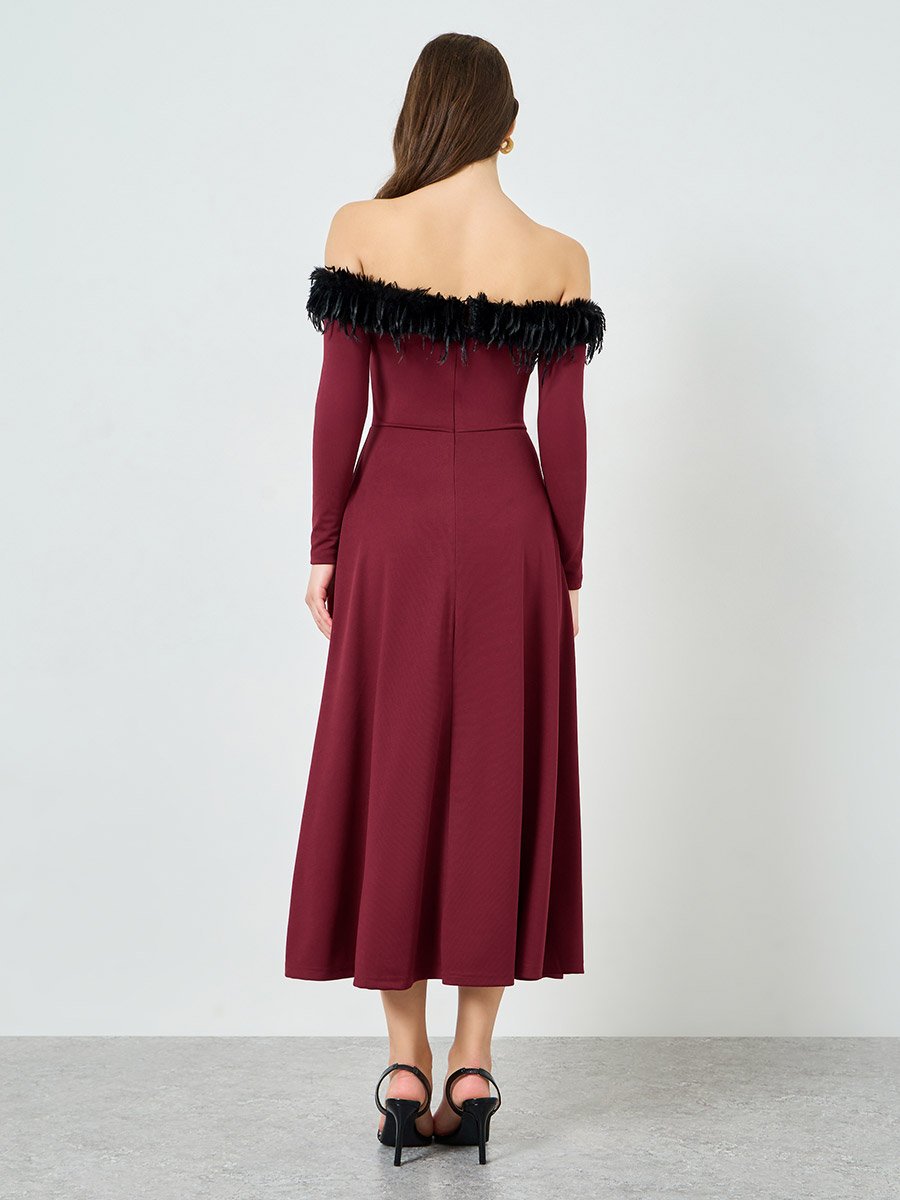 Women Off-Shoulder Maxi Evening Dress with Faux Fur