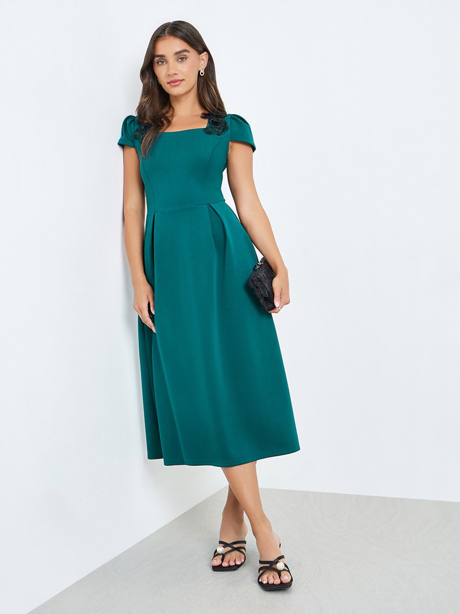 slim fit dress slacks Belted Floral A-Line Midi Dress by Badgley Mischka main image 1