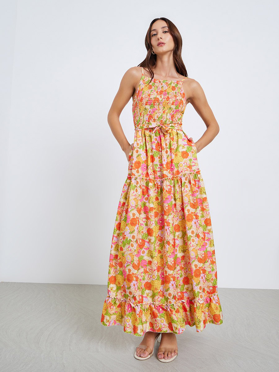 Women Floral Print Smocking Detail Strappy Maxi Dress
