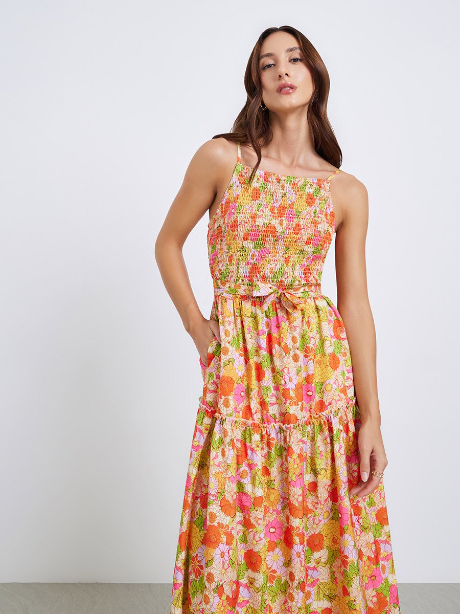 Women Floral Print Smocking Detail Strappy Maxi Dress