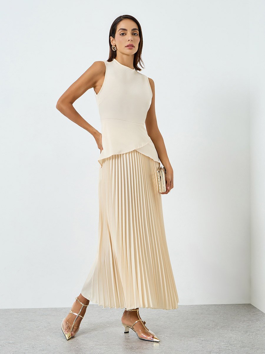 Women Solid Sleeveless Pleated Detail Midi Dress