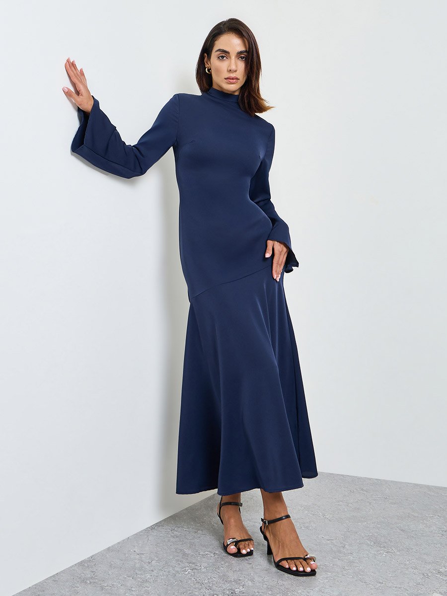 Navy Blue High Neck Maxi Dress with Bell Sleeves