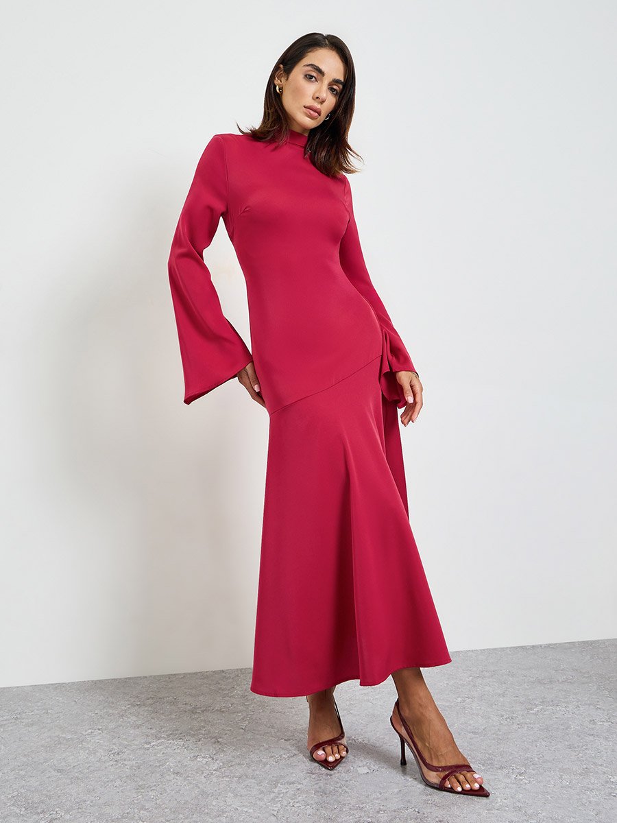 Red High Neck Maxi Dress with Bell Sleeves