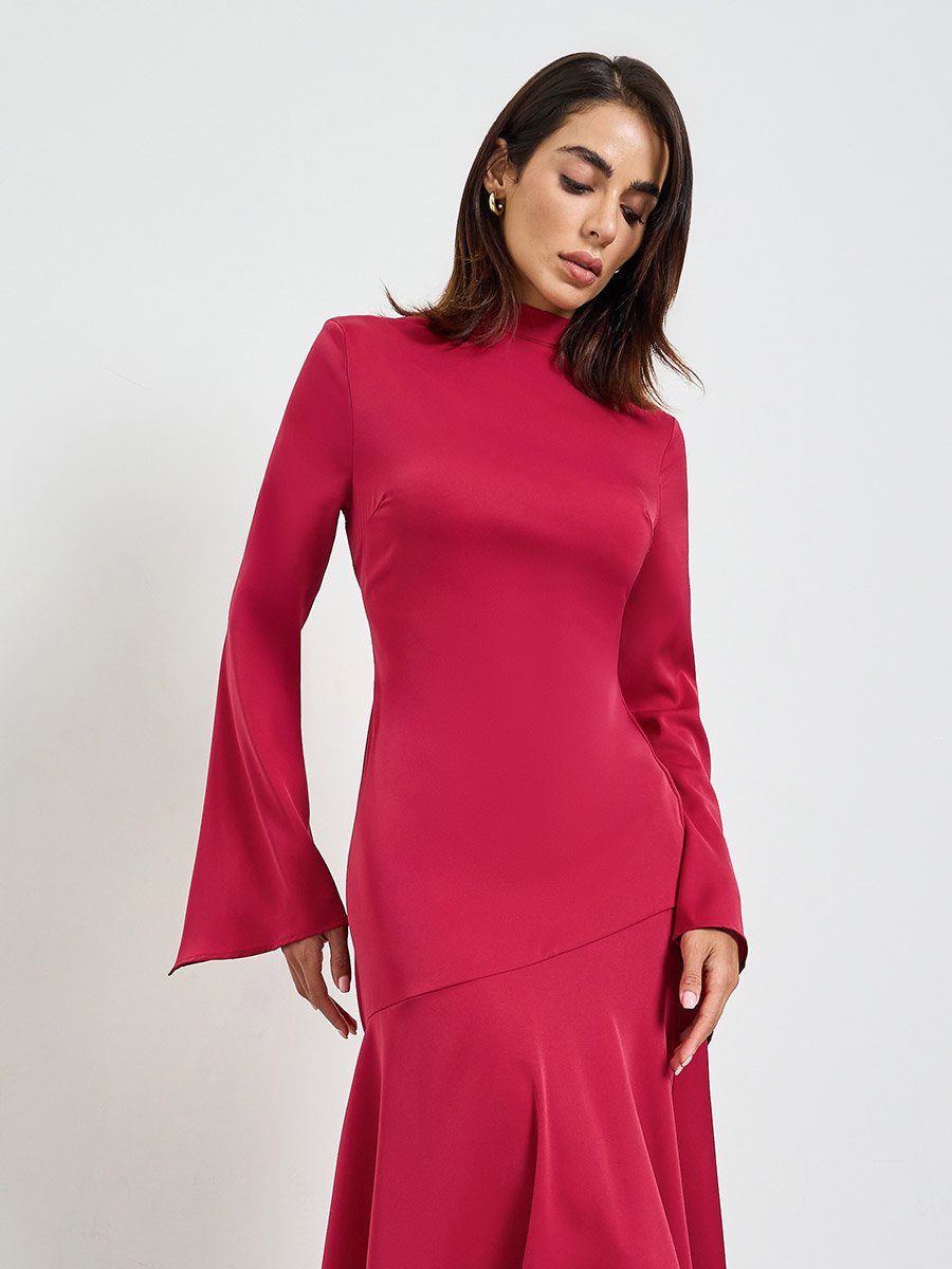 Red High Neck Maxi Dress with Bell Sleeves