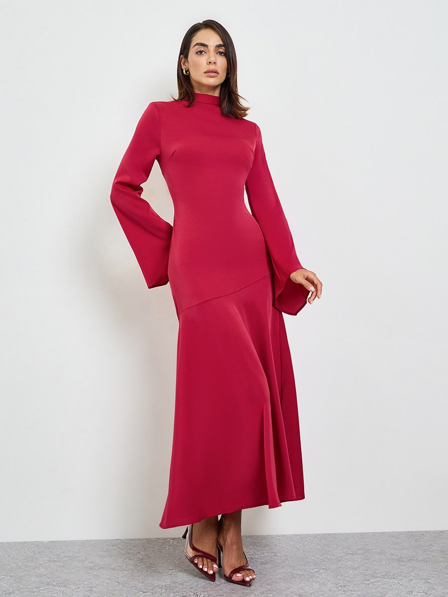 Red High Neck Maxi Dress with Bell Sleeves