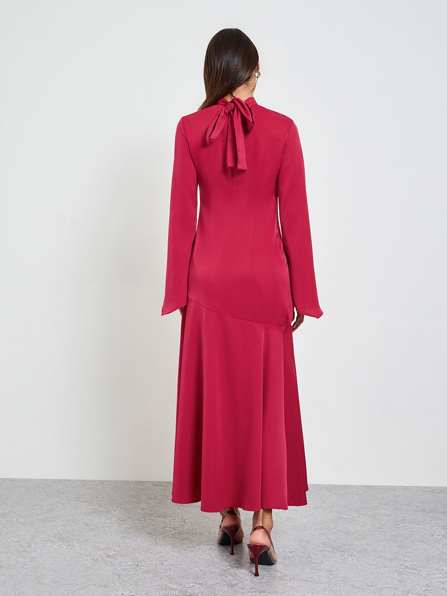 Red High Neck Maxi Dress with Bell Sleeves