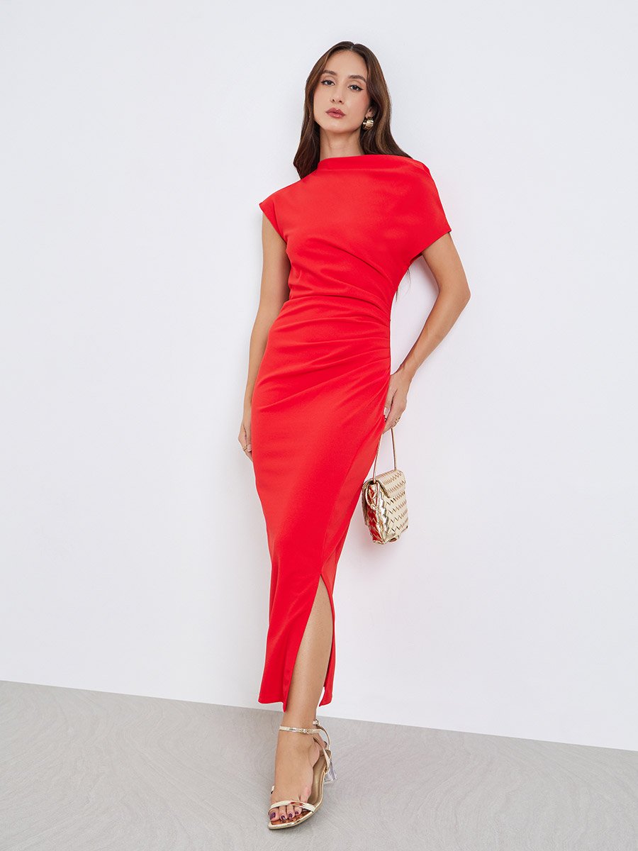 Women Red One Shoulder Side Slit Midi Dress