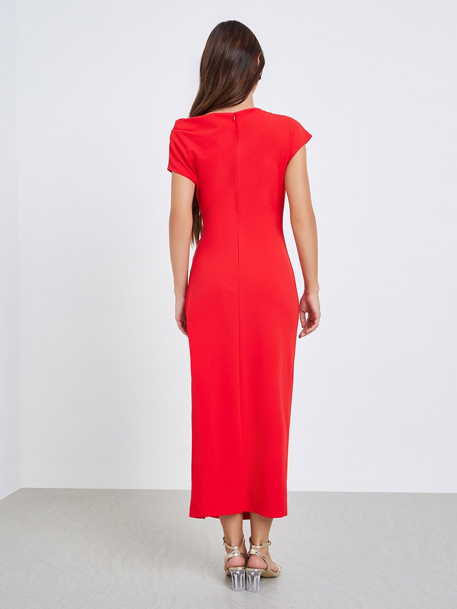 Women Red One Shoulder Side Slit Midi Dress