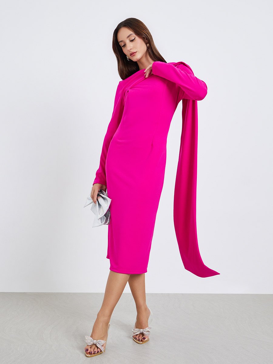Women Purple Long Sleeve Cape Detail Midi Dress