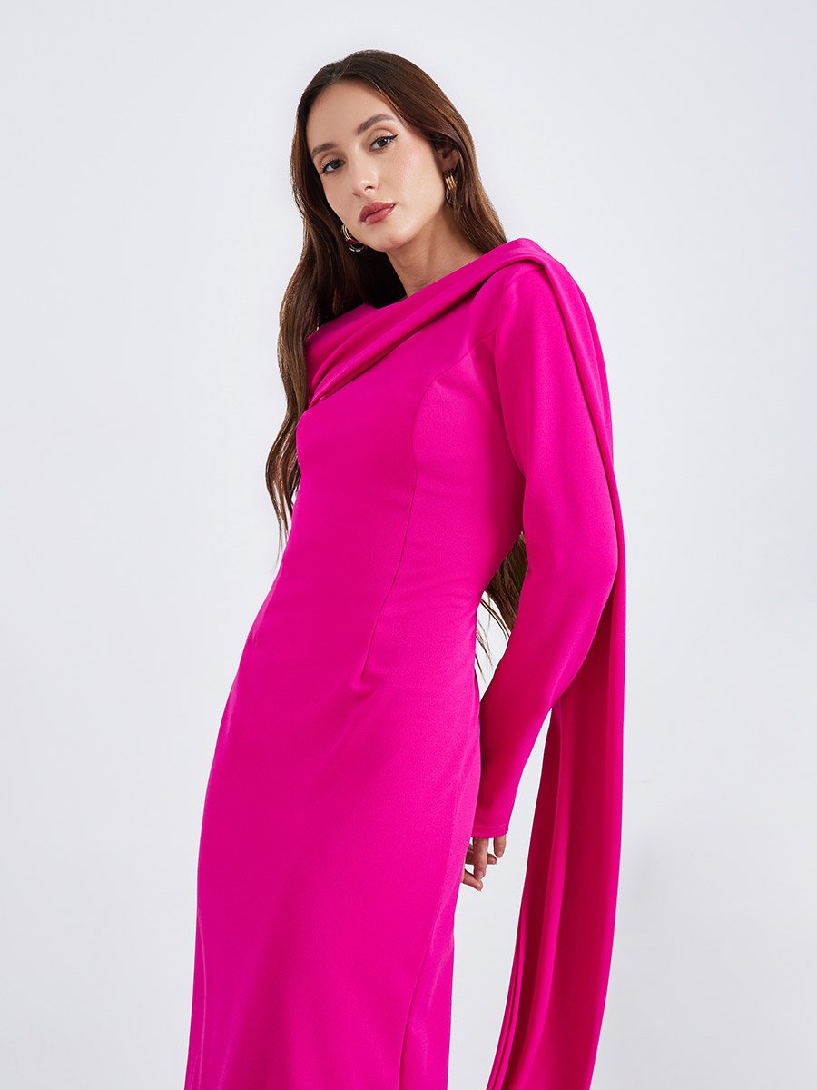 Women Purple Long Sleeve Cape Detail Midi Dress