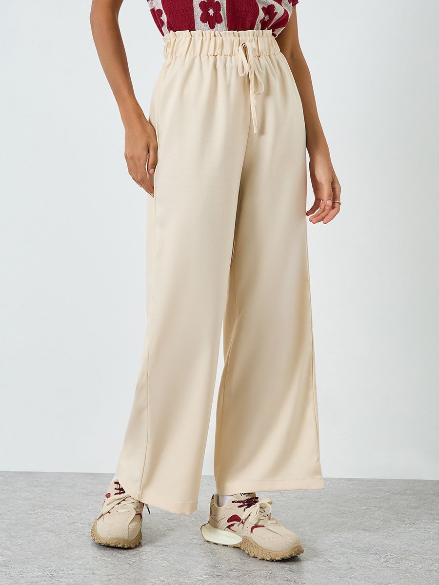 Women Beige Wide Leg Pants with Drawstring